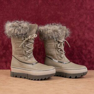 Sorel Wmn Joan Artic Next Light Faux Fur Leather Light Green Winter Boots sz 7.5